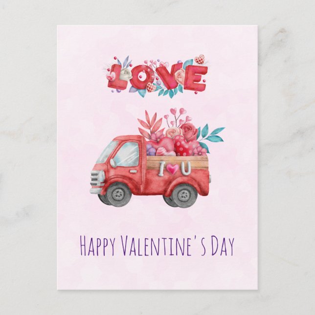 Cute Love Truck Carrying Valentine Goodies Holiday Postcard (Front)