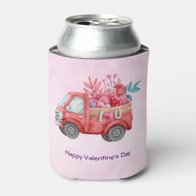 Cute Love Truck with Heart Cargo Watercolor Can Cooler (Can Front)