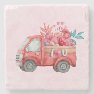 Cute Love Truck with Heart Cargo Watercolor Stone Coaster