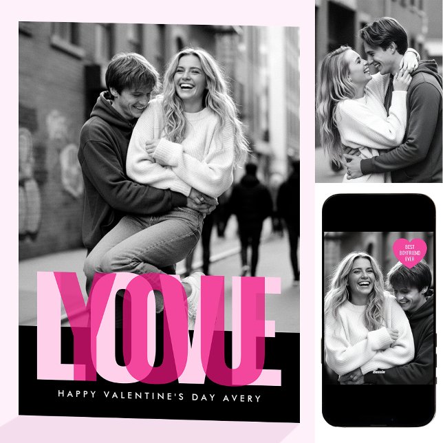 Cute Love You 3 Photos Valentine's Day Black Pink Card (Creator Uploaded)