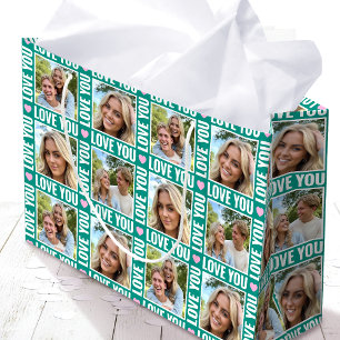 Cute Love You 4 Photo Collage Green Pink Heart Large Gift Bag
