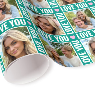 Cute Love You 4 Photo Collage Green Pink Heart Wrapping Paper