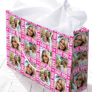 Cute Love You 4 Photo Collage Pink Heart Modern Large Gift Bag