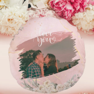 Cute Love You Custom Photo For Couple Pink Floral Round Cushion