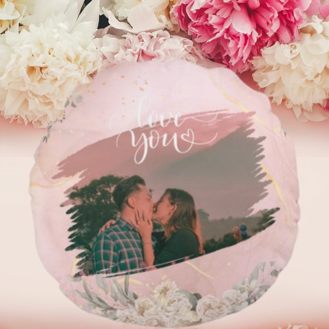 Cute Love You Custom Photo For Couple Pink Floral  Round Cushion (Creator Uploaded)