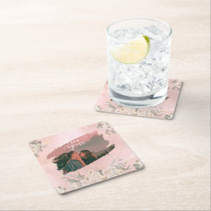 Cute Love You Custom Photo For Couple Pink Floral Square Paper Coaster