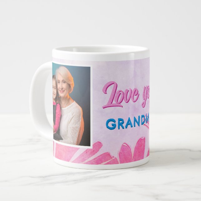 Cute Love you Grandma Pink Flowers 2 Photos Large Coffee Mug (Front Left)
