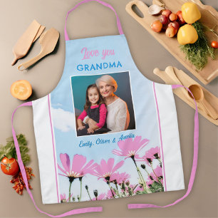 Cute Love you Grandma Pink Flowers Photo Apron