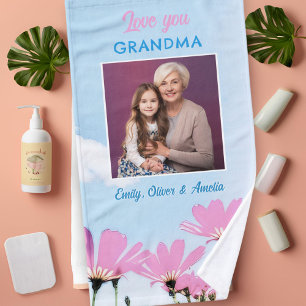 Cute Love you Grandma Pink Flowers Photo Hand Towel
