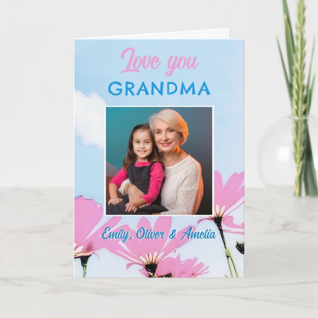 Cute Love you Grandma Pink Flowers Photo Holiday Card (Front)