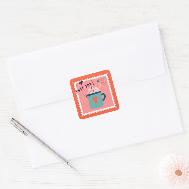 Cute Love You Pink Stamp Square Sticker (Envelope)
