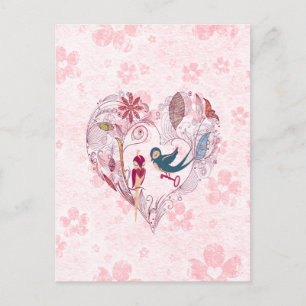 Cute loveable birds with the key to the love postcard