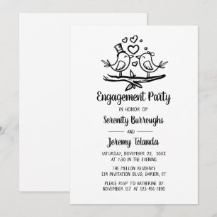 Cute Lovebird Black White Wedding Engagement Party Invitation