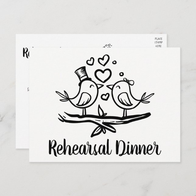 Cute Lovebird Black White Wedding Rehearsal Dinner Invitation Postcard (Front/Back)