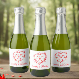 Cute Lovebirds Boho Red Heart Garden Wedding Sparkling Wine Label