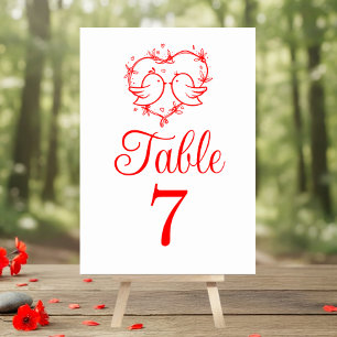 Cute Lovebirds Boho Red Heart Garden Wedding  Table Number