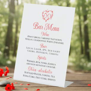 Cute Lovebirds Boho Red Heart Wedding Bar Menu Pedestal Sign