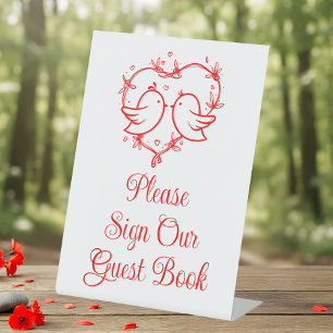 Cute Lovebirds Boho Red Heart Wedding Guest Book Pedestal Sign