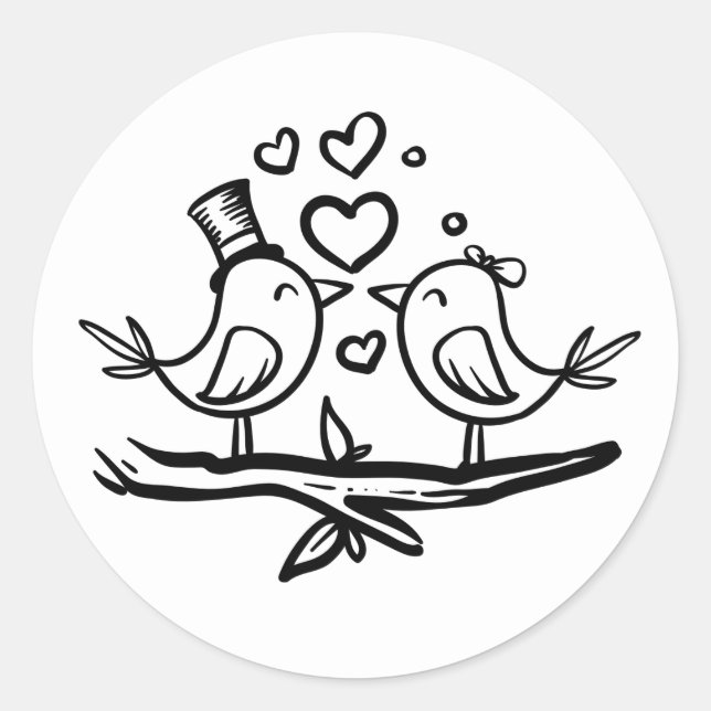 Cute Lovebirds Bridal Shower Black White Wedding Classic Round Sticker (Front)
