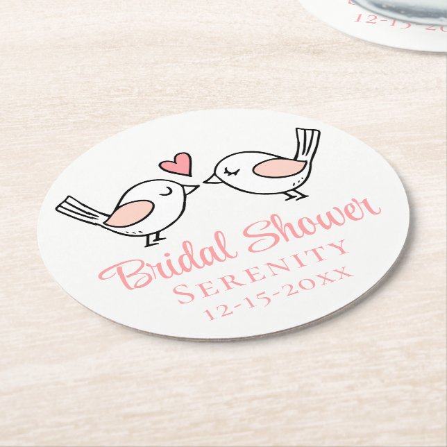 Cute Lovebirds Cartoon Love Birds Bridal Shower  Round Paper Coaster (Angled)