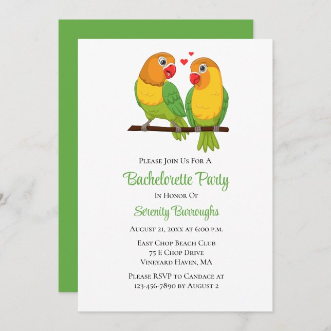 Cute Lovebirds Love Birds Green Bachelorette Party Invitation (Front/Back)