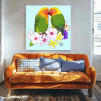 Cute Lovebirds Tropical Flowers Romantic Bird