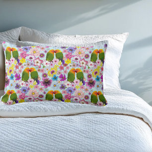 Cute Lovebirds Tropical Flowers Romantic Bird Lumbar Cushion