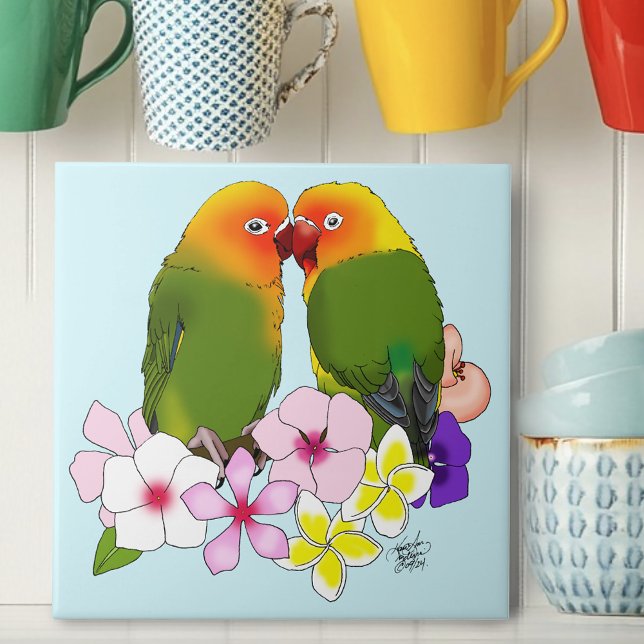 Cute Lovebirds Tropical Flowers Romantic Bird Tile (Creator Uploaded)