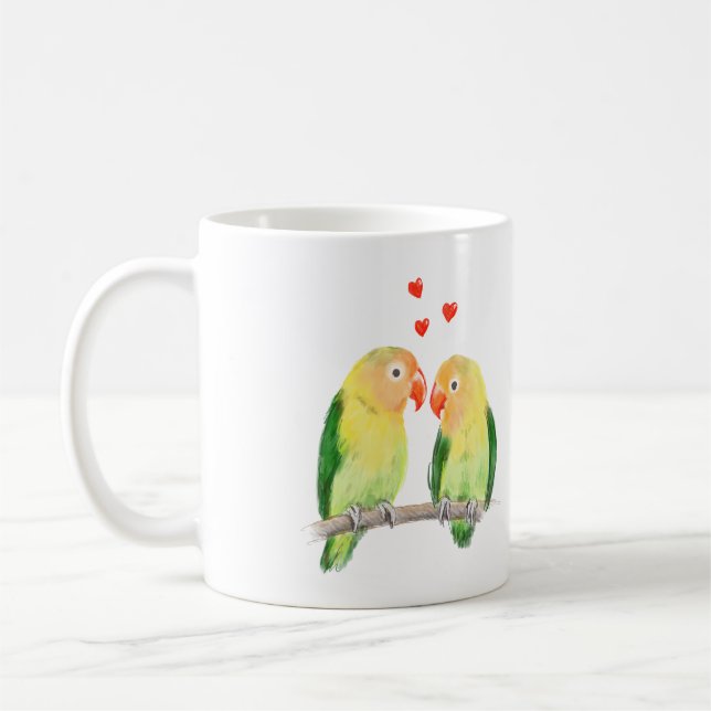 Cute lovebirds with names coffee mug (Left)