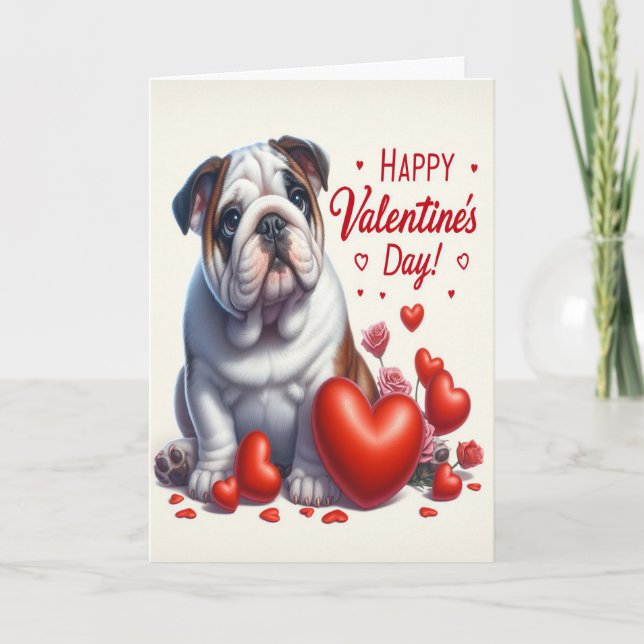 Cute Lovely Bulldog Dog Happy Valentine's Day Holiday Card (Front)