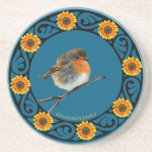 Cute lovely Robin bird sunflower monogram name Coaster<br><div class="desc">Coaster with modern Robin bird and sunflowers.
The very popular lovely Robin Bird,  redbreast. Decorate your home and kitchen with the Robin Bird design products,  mugs,  plates,  coaters,  pillow and more.
You can add your own name to personalise.</div>