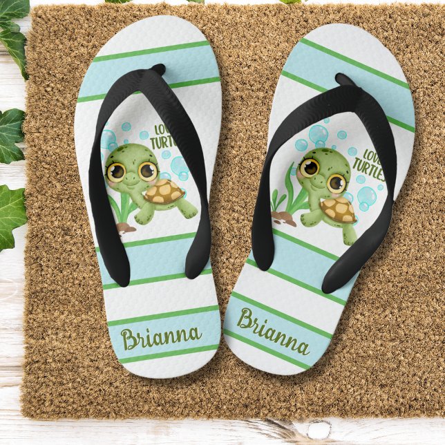 Cute “Loves Turtles” Personalised Sea Turtle Kid's Jandals (Creator Uploaded)