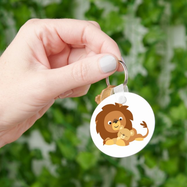 Cute Loving Cartoon Lion Dad and Cub Keychain (Hand)