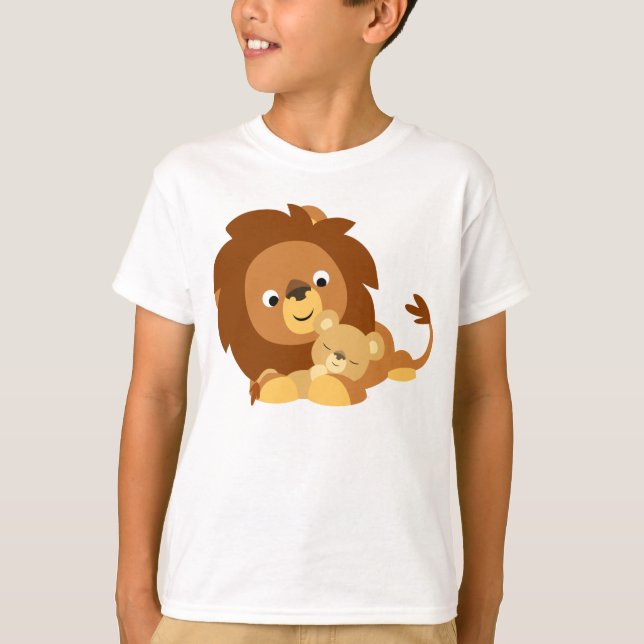 Cute Loving Cartoon Lion Dad and Cub Kids T-Shirt (Front)
