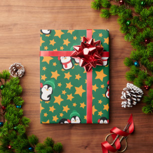 Cute Loving Penguins and Star Christmas Green Gift Wrapping Paper