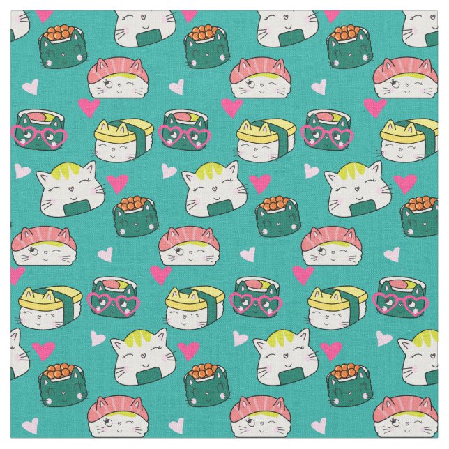 Cute Lucky Cat Pattern Fabric (Close Up)