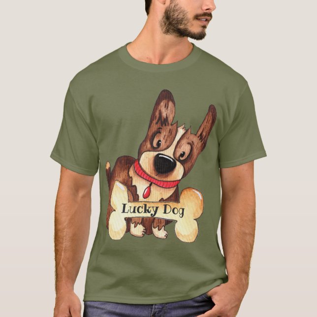 Cute Lucky Dog with Bone Customisable T-Shirt (Front)