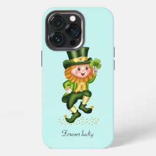 Cute Lucky Green Gnome on Light Turquoise Blue iPhone 13 Pro Case