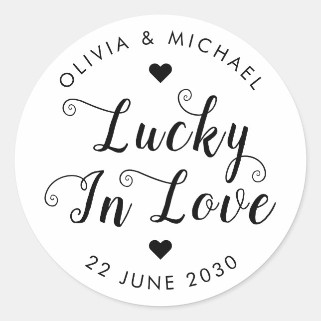 Cute Lucky in Love Thank You Sweet Wedding Favour Classic Round Sticker (Front)