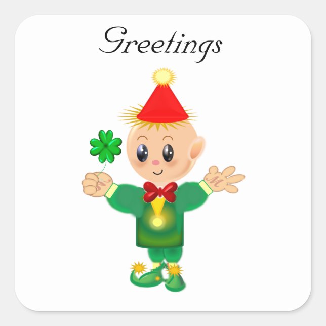 Cute lucky leprechaun with clover Greetings Square Sticker (Front)