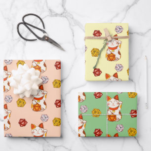 Cute Lucky Maneki-neko Gamer Dice Pattern Wrapping Paper Sheet