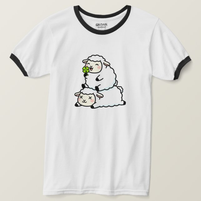 Cute Lucky Sheep St. Patrick's Day Clover T-Shirt (Design Front)