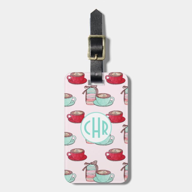 Cute Macarons and Cappuccino | Pastel | Monogram Luggage Tag (Front Vertical)