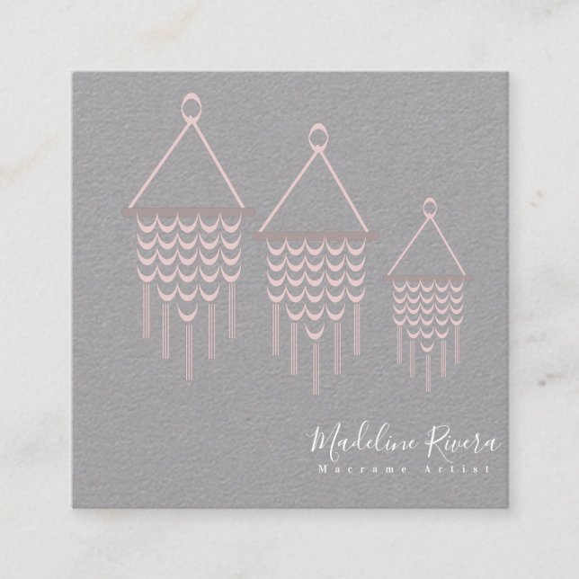 Cute Macrame Artist Handmade Design Pink Square Business Card (Front)