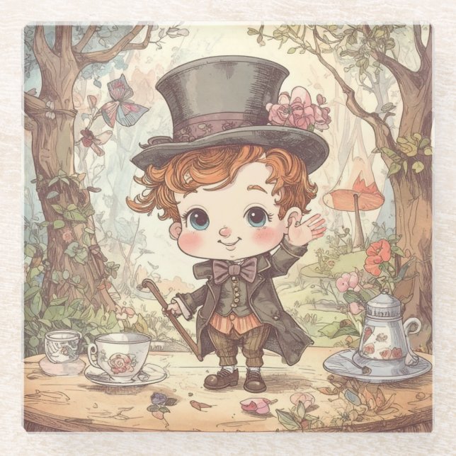 Cute Mad Hatter Whimsical Wonderland Woodland Art Glass Coaster (Front)