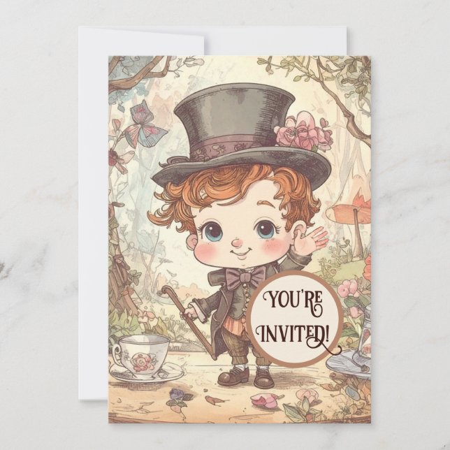 Cute Mad Hatter Whimsical Wonderland Woodland Art Invitation (Front)