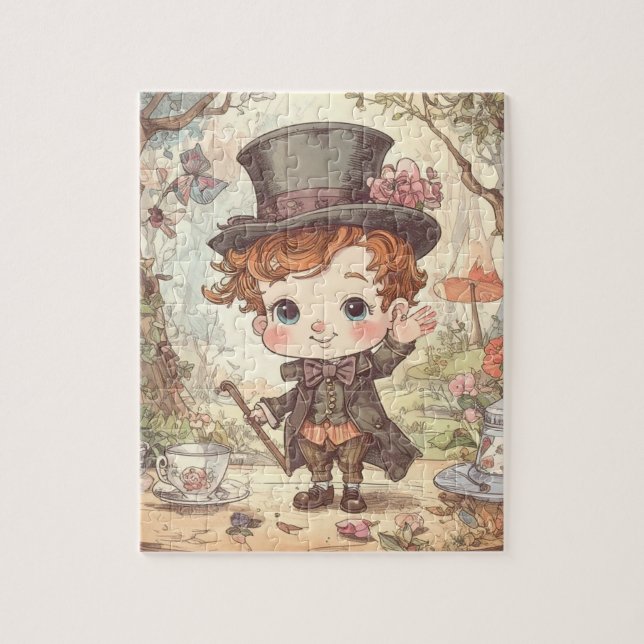 Cute Mad Hatter Whimsical Wonderland Woodland Art Jigsaw Puzzle (Vertical)