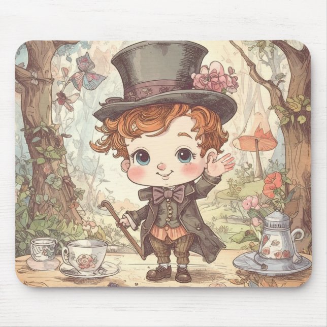 Cute Mad Hatter Whimsical Wonderland Woodland Art Mouse Pad (Front)
