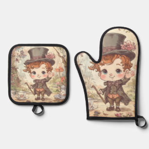Cute Mad Hatter Whimsical Wonderland Woodland Art Oven Mitt & Pot Holder Set