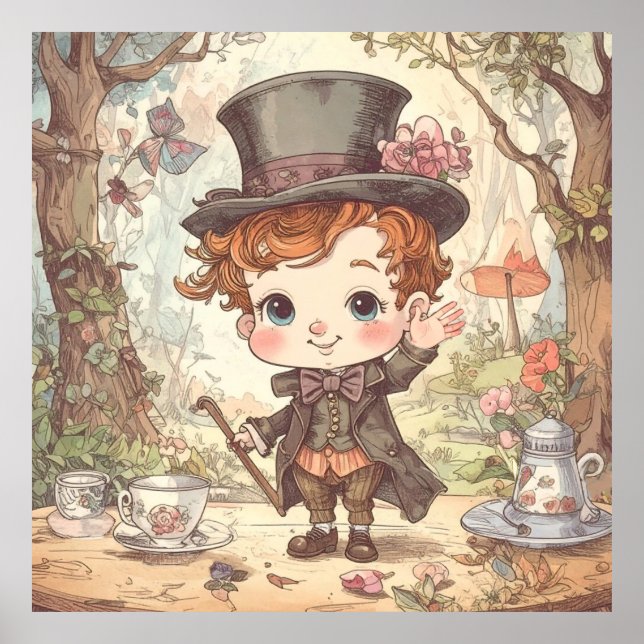 Cute Mad Hatter Whimsical Wonderland Woodland Art Poster (Front)